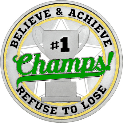 Green "Champs!" with Gold Outer Circular Borders